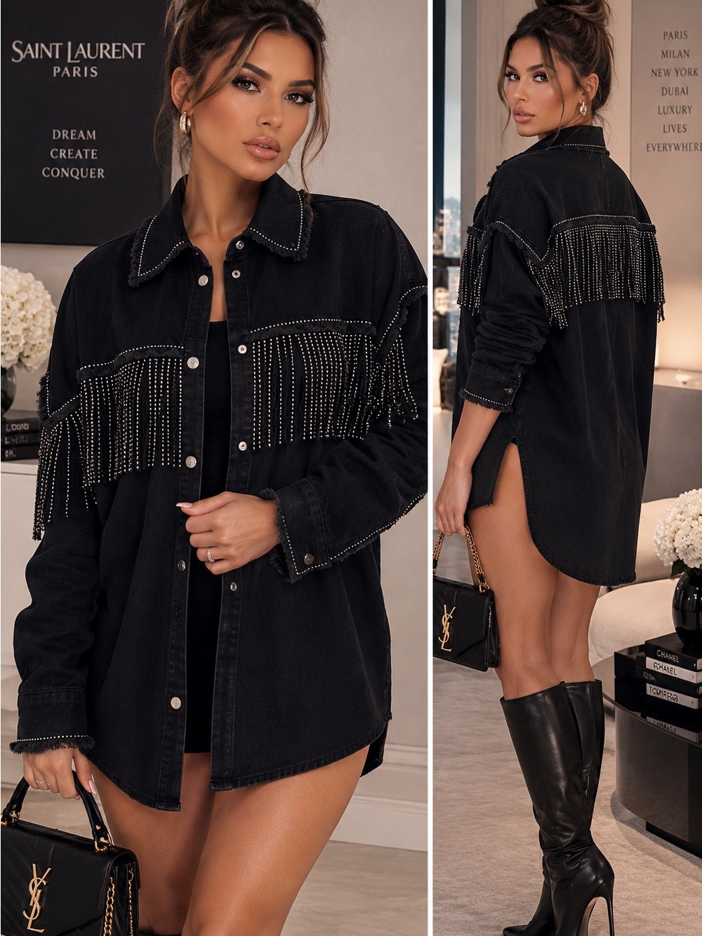 ✨ ZARA Black Studded Fringe Jacket / Overshirt ✨ size medium